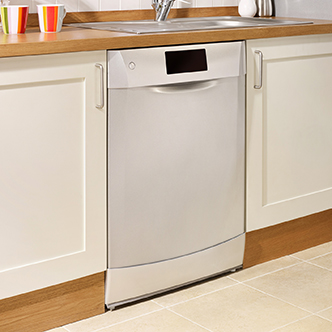 A white dishwasher installed between kitchen cabinets