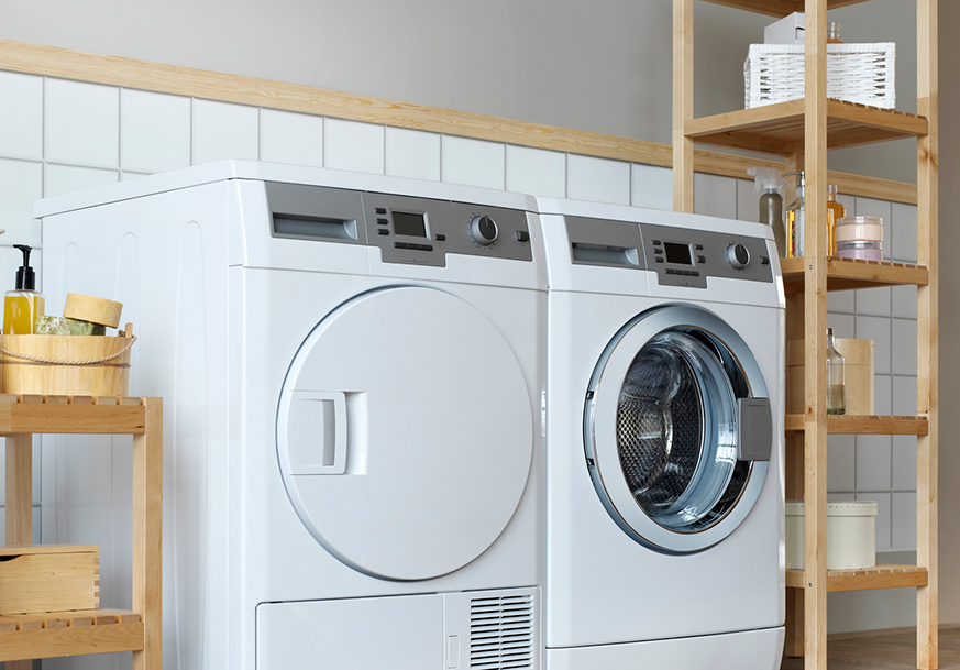 A white front-loading washer and dryer set