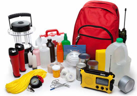 A variety of emergency supplies are shown.